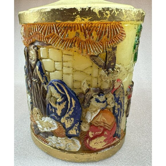 Nativity Pillar Candle Molded Handpainted Christmas Holy Family Wise Men Angels - Picture 2 of 6